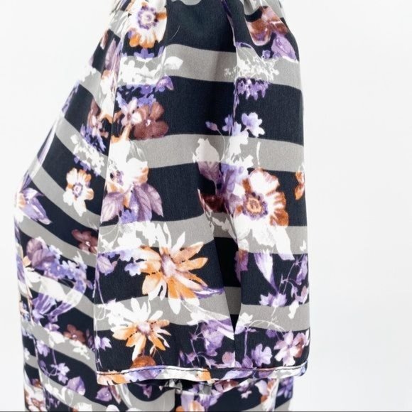 Skies Are Blue Floral Short Sleeve Pullover Blouse Purple Black Gray Striped - Picture 4 of 7